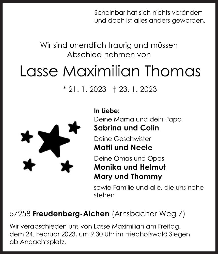  Traueranzeige für Lasse Maximilian Thomas vom 22.02.2023 aus Siegener Zeitung