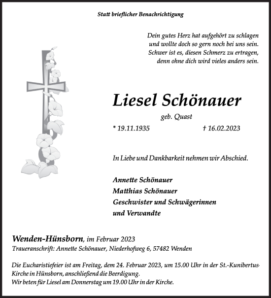Traueranzeige von Liesel Schönauer von Siegener Zeitung