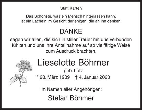 Traueranzeige von Lieselotte Böhmer von Siegener Zeitung