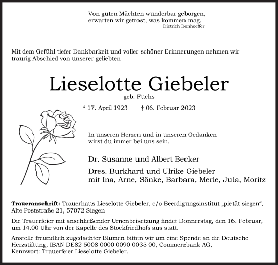 Traueranzeige von Lieselotte Giebeler von Siegener Zeitung