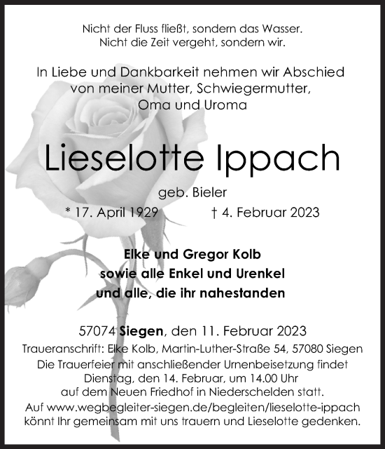 Traueranzeige von Lieselotte Ippach von Siegener Zeitung