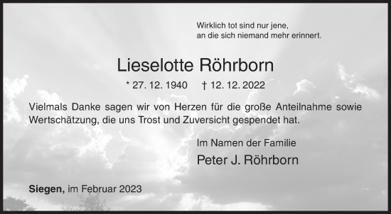 Traueranzeige von Lieselotte Röhrborn von Siegener Zeitung