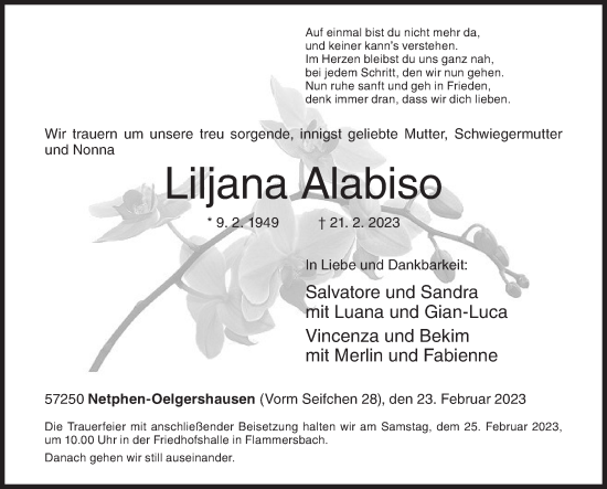 Traueranzeige von Liljana Alabiso von Siegener Zeitung