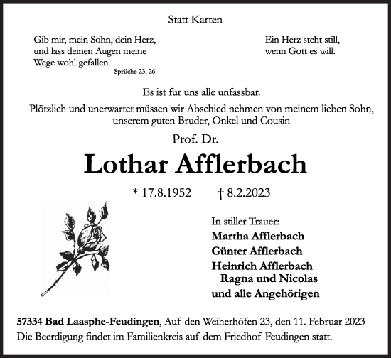 Traueranzeige von Lothar Afflerbach von Siegener Zeitung