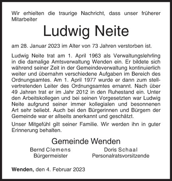 Traueranzeige von Ludwig Neite von Siegener Zeitung