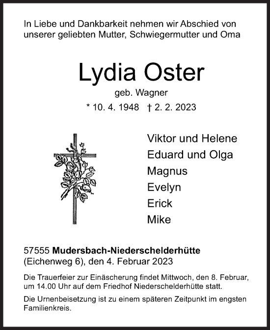 Traueranzeige von Lydia Oster von Siegener Zeitung