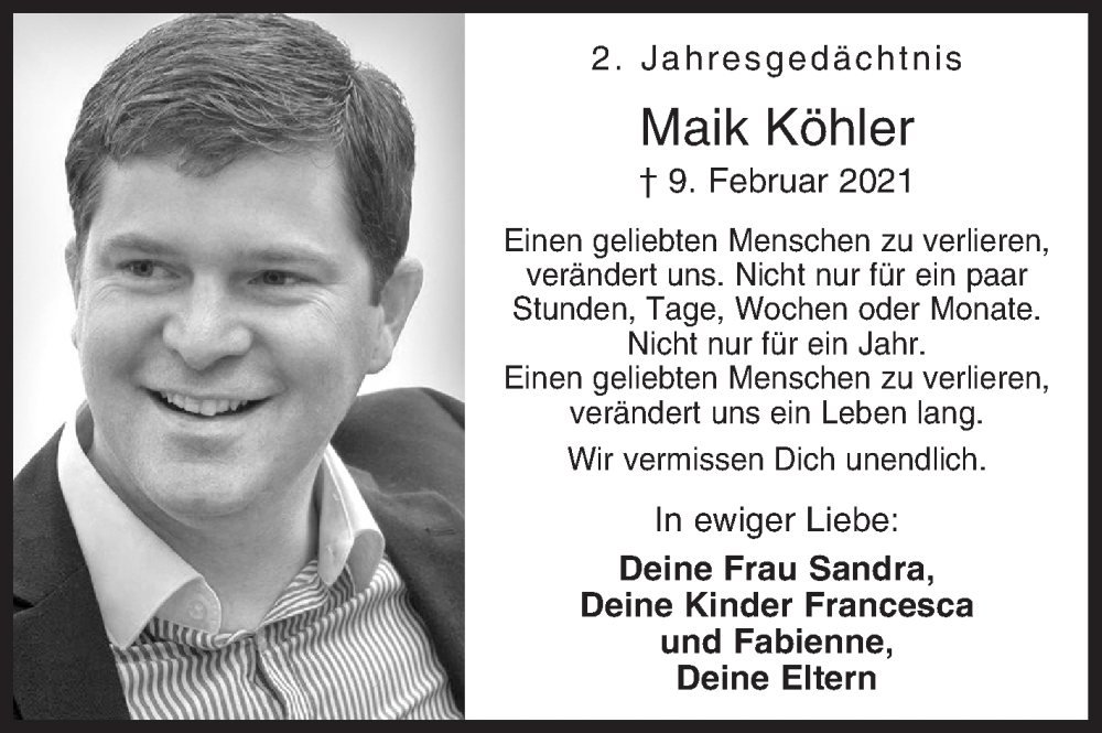  Traueranzeige für Maik Köhler vom 09.02.2023 aus Siegener Zeitung