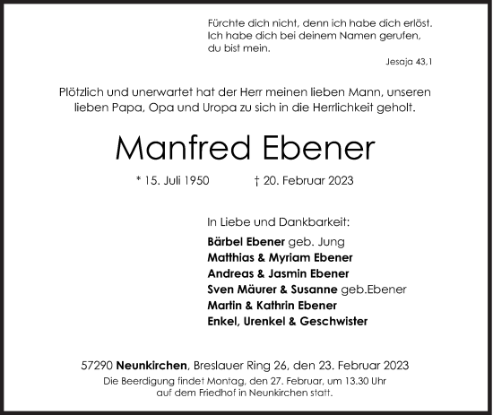 Traueranzeige von Manfred Ebener von Siegener Zeitung