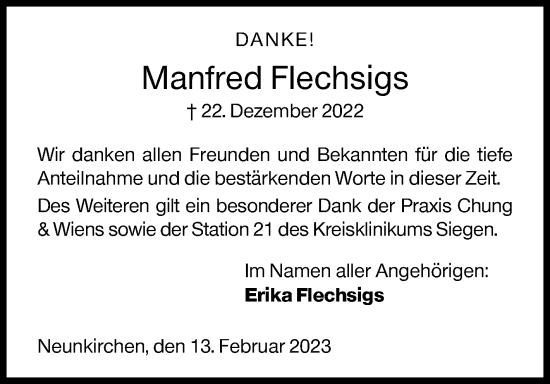 Traueranzeige von Manfred Flechsigs von Siegener Zeitung