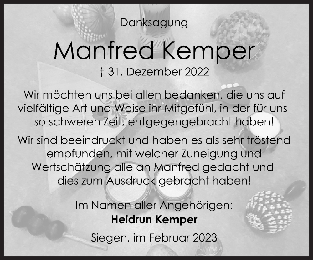  Traueranzeige für Manfred Kemper vom 04.02.2023 aus Siegener Zeitung