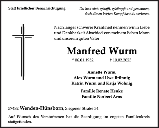 Traueranzeige von Manfred Wurm von Siegener Zeitung