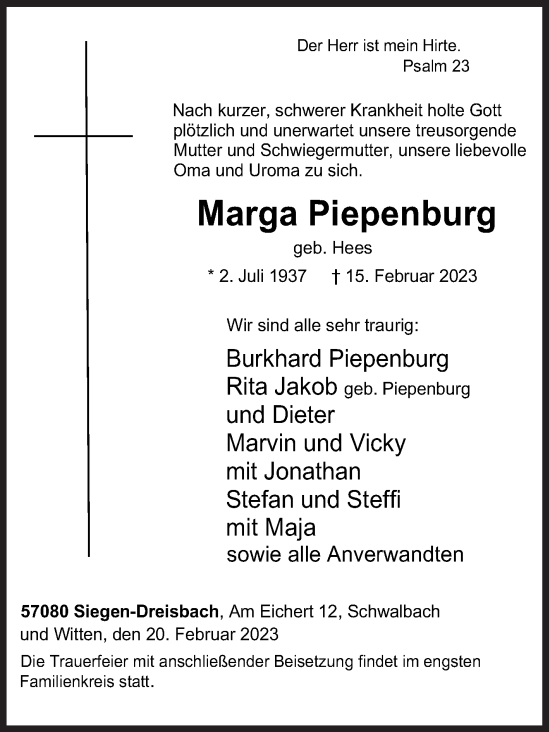 Traueranzeige von Marga Piepenburg von Siegener Zeitung