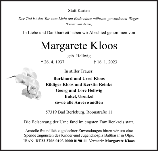 Traueranzeige von Margarete Kloos von Siegener Zeitung
