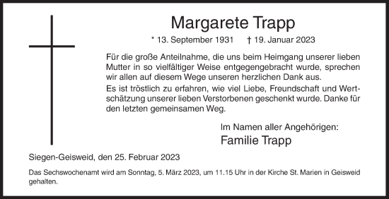 Traueranzeige von Margarete Trapp von Siegener Zeitung