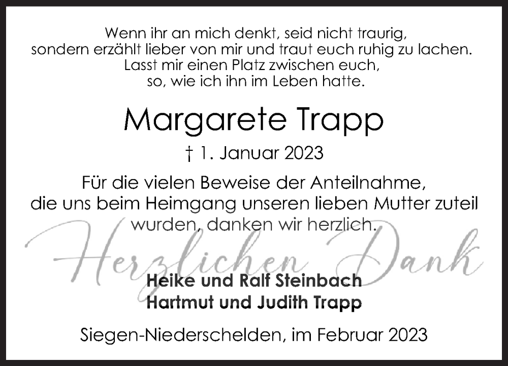  Traueranzeige für Margarete Trapp vom 04.02.2023 aus Siegener Zeitung