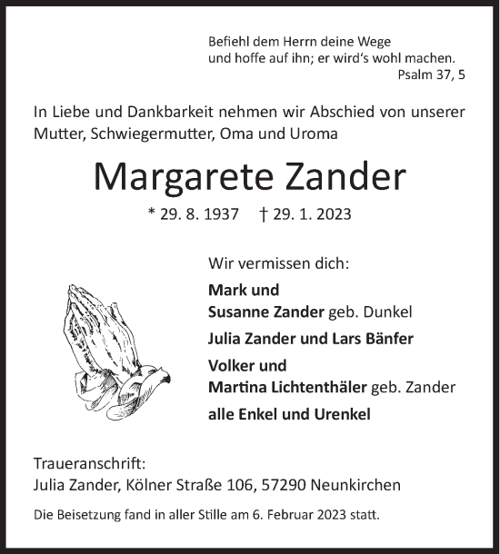 Traueranzeige von Margarete Zander von Siegener Zeitung