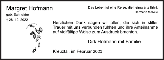 Traueranzeige von Margret Hofmann von Siegener Zeitung