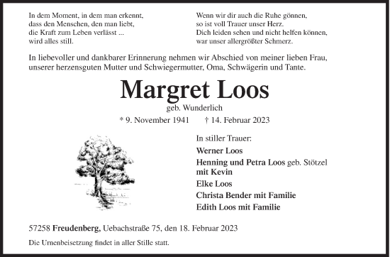 Traueranzeige von Margret Loos von Siegener Zeitung