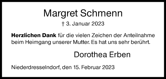Traueranzeige von Margret Schmenn von Siegener Zeitung