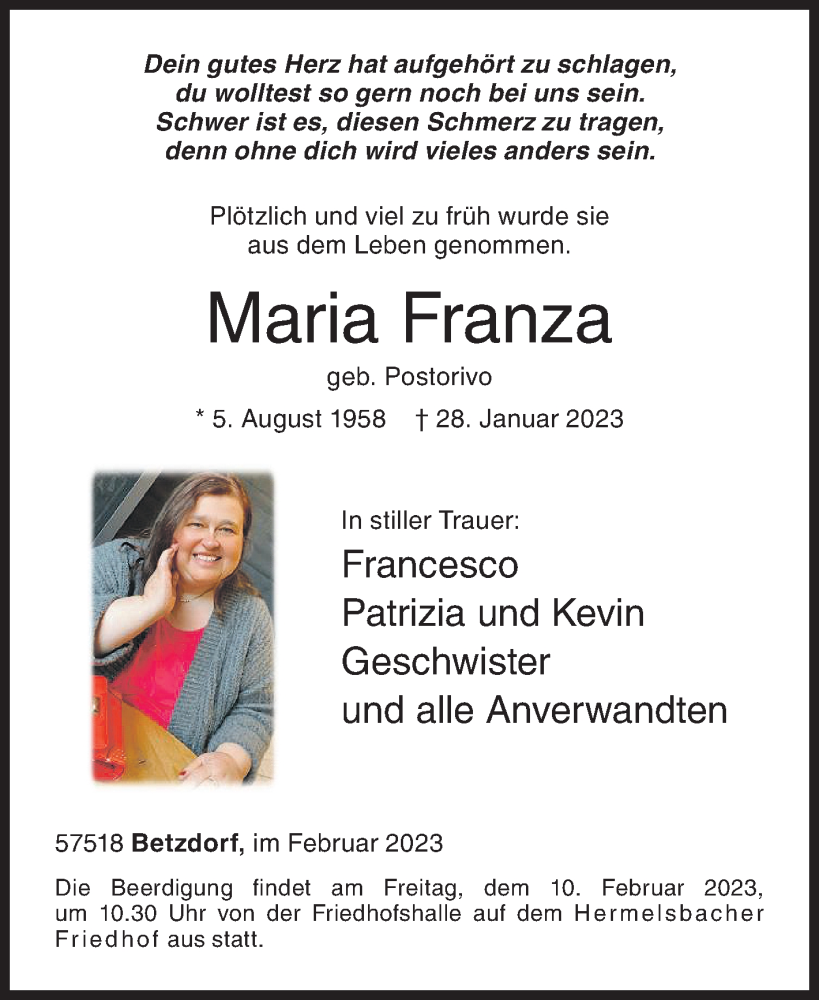  Traueranzeige für Maria Franza vom 08.02.2023 aus Siegener Zeitung
