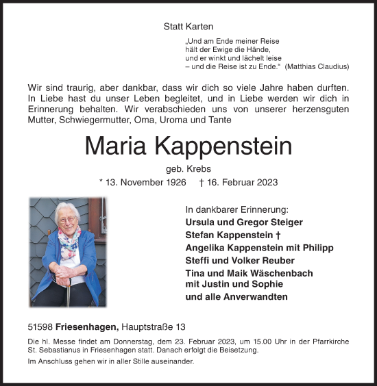 Traueranzeige von Maria Kappenstein von Siegener Zeitung