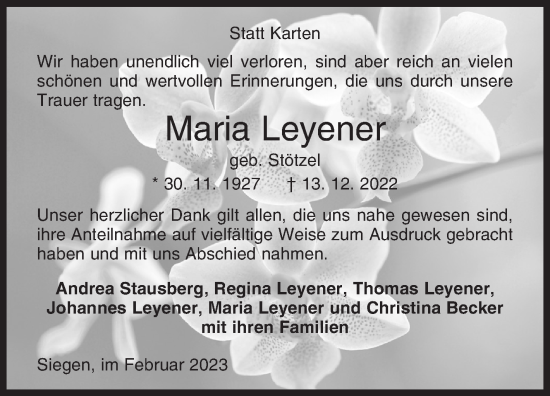 Traueranzeige von Maria Leyener von Siegener Zeitung