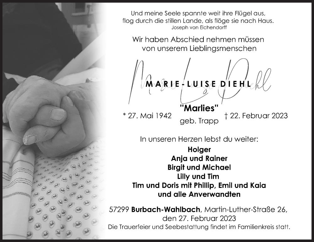  Traueranzeige für Marie-Luise Diehl vom 27.02.2023 aus Siegener Zeitung