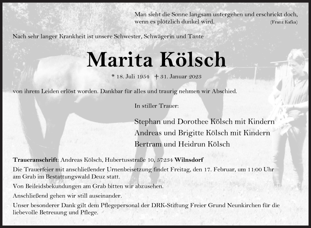  Traueranzeige für Marita Kölsch vom 07.02.2023 aus Siegener Zeitung