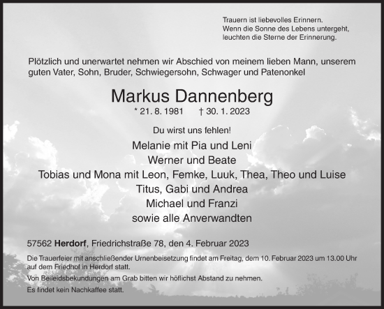 Traueranzeige von Markus Dannenberg von Siegener Zeitung