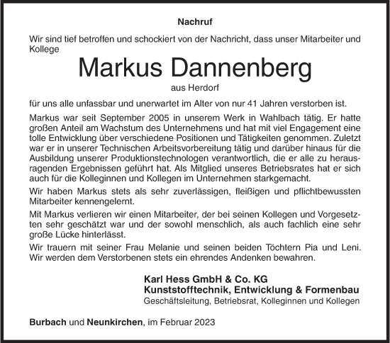 Traueranzeige von Markus Dannenberg von Siegener Zeitung