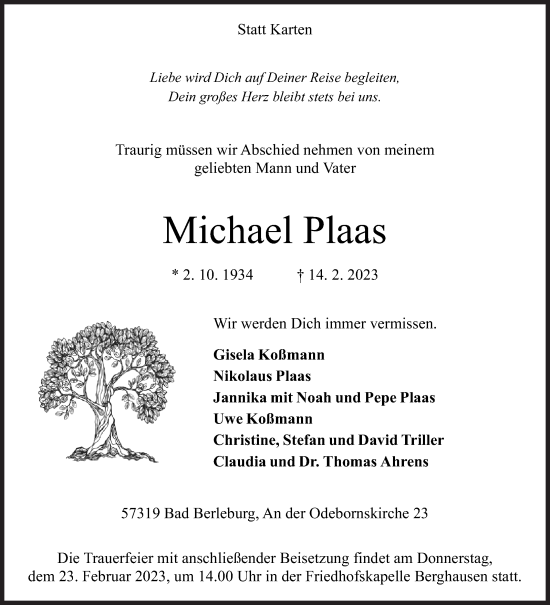 Traueranzeige von Michael Plaas von Siegener Zeitung