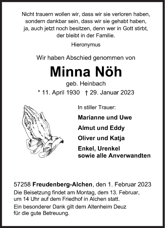 Traueranzeige von Minna Nöh von Siegener Zeitung