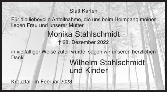 Traueranzeige von Monika Stahlschmidt von Siegener Zeitung