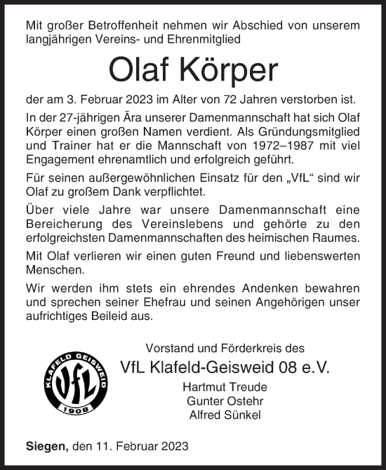 Traueranzeige von Olaf Körper von Siegener Zeitung