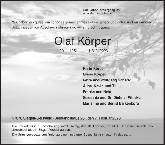 Traueranzeige von Olaf Körper von Siegener Zeitung