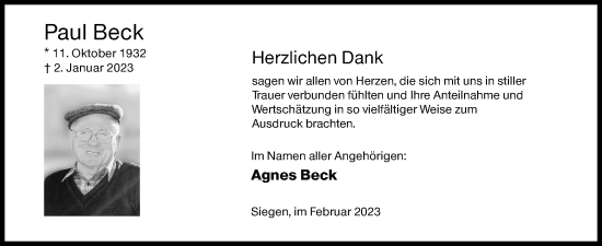 Traueranzeige von Paul Beck von Siegener Zeitung
