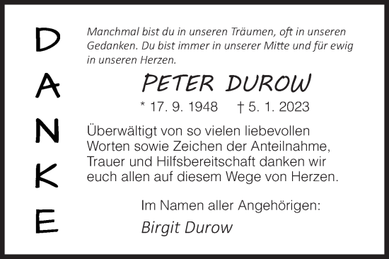 Traueranzeige von Peter Durow von Siegener Zeitung