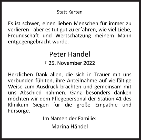 Traueranzeige von Peter Händel von Siegener Zeitung
