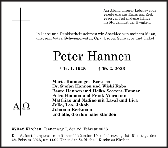 Traueranzeige von Peter Hannen von Siegener Zeitung