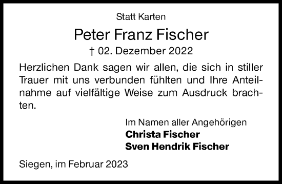 Traueranzeige von Peter Franz Fischer von Siegener Zeitung