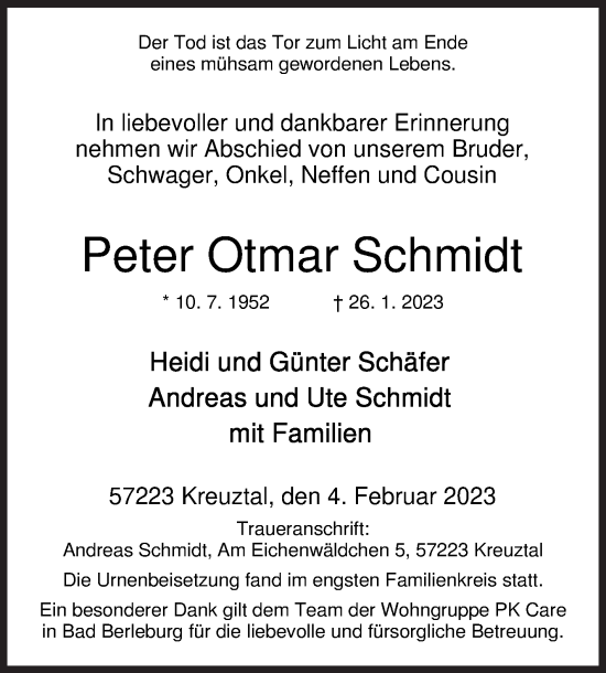 Traueranzeige von Peter Otmar Schmidt von Siegener Zeitung