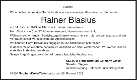 Traueranzeige von Rainer Blasius von Siegener Zeitung