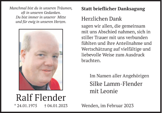Traueranzeige von Ralf Flender von Siegener Zeitung