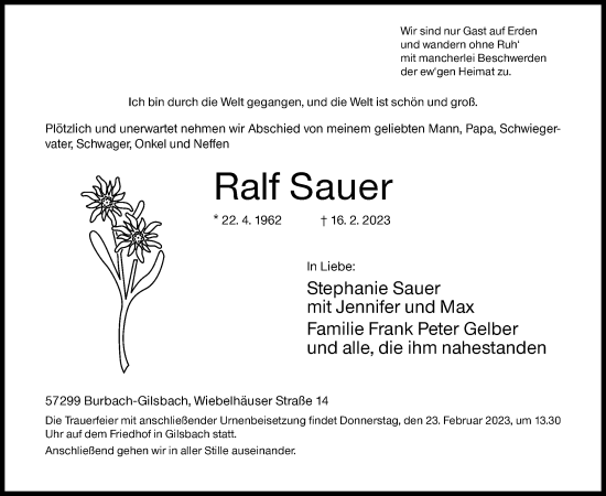Traueranzeige von Ralf Sauer von Siegener Zeitung
