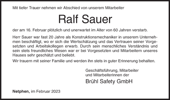 Traueranzeige von Ralf Sauer von Siegener Zeitung