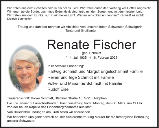 Traueranzeige von Renate Fischer von Siegener Zeitung