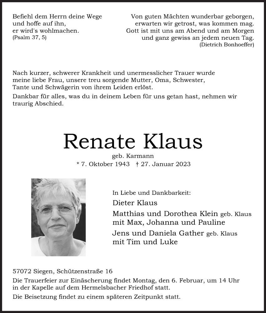  Traueranzeige für Renate Klaus vom 01.02.2023 aus Siegener Zeitung
