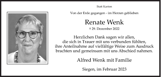 Traueranzeige von Renate Wenk von Siegener Zeitung