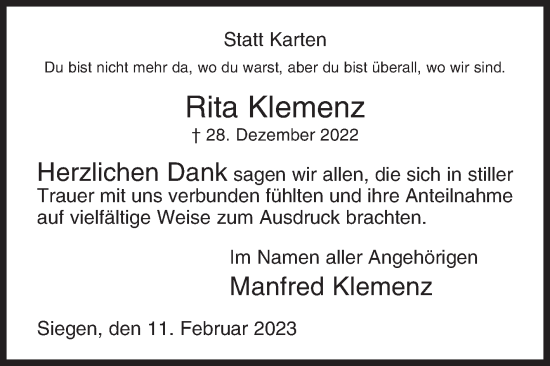 Traueranzeige von Rita Klemenz von Siegener Zeitung