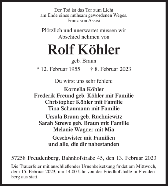 Traueranzeige von Rolf Köhler von Siegener Zeitung